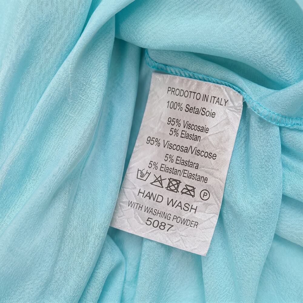 Italian 100% Silk Aqua Mint Smocked Waist Maxi Dress | Balloon Sleeves - Picture 5 of 6